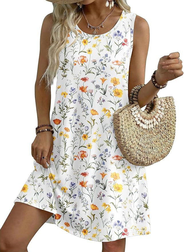 Zeagoo Womens Summer Dress 2026 Sleeveless Casual A-Line Tshirt Sundresses | Dress With Pocket,Fl... | Amazon (US)