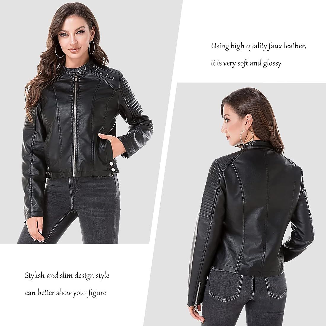 RIJING Women's Faux Leather Jacket Zip Up PU Moto Biker Jacket Casual Slim Short Coat Lightweight Pl | Amazon (US)