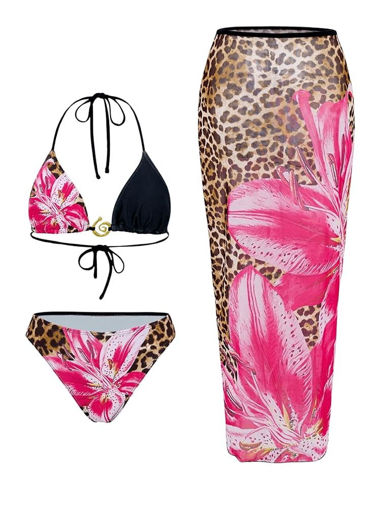 Verdusa Women's 3 Piece Swimsuits Metal Leopard Floral Halter Backless Beach Vacation Bikini Sets... | Amazon (US)