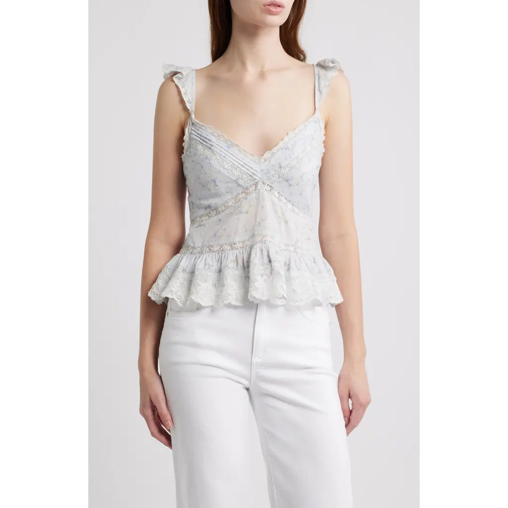 LoveShackFancy Lainie Floral Lace Peplum Camisole in Snowdrop Blue at Nordstrom, Size Large | Nordstrom