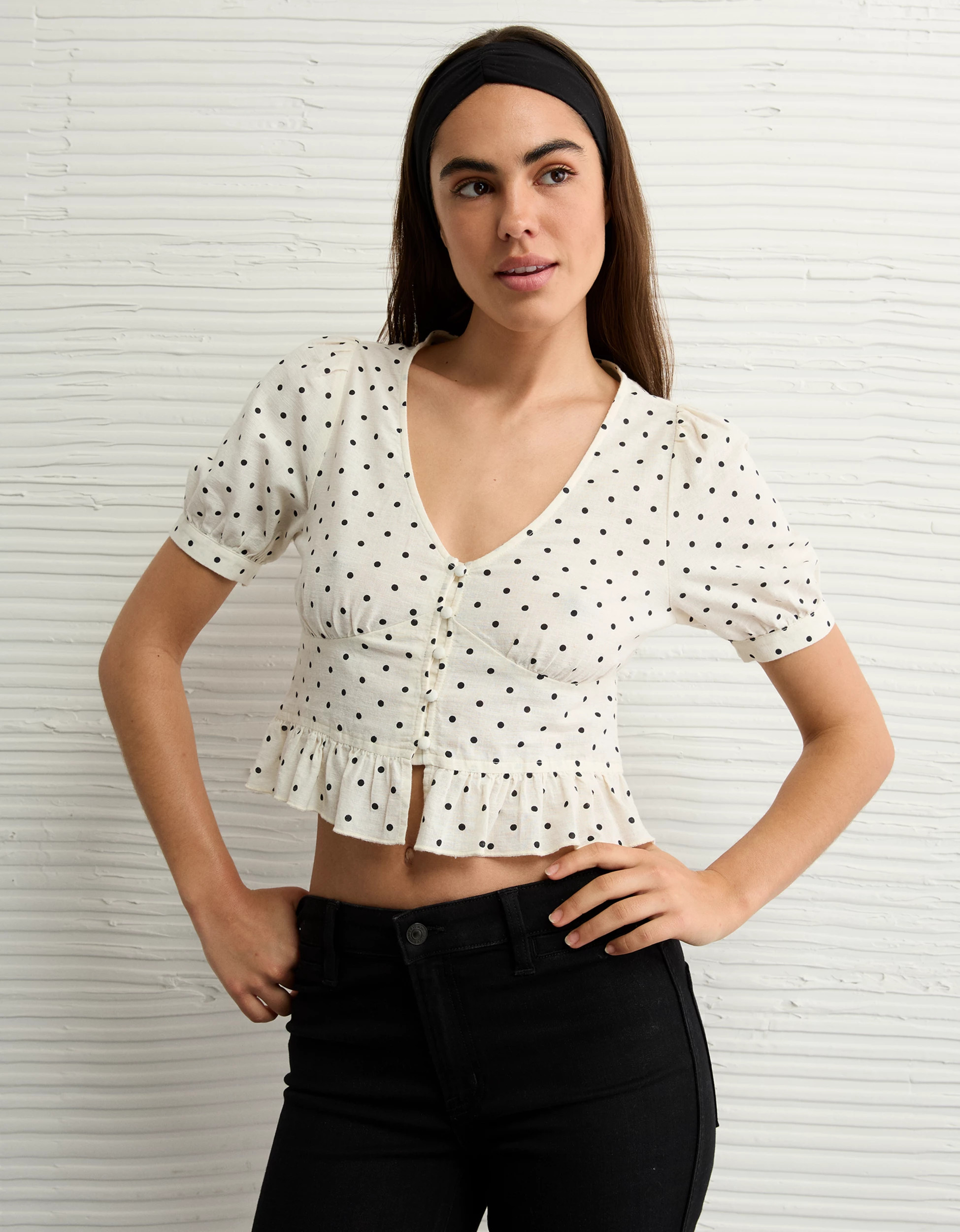 AE V-Neck Puff Sleeve Corset Shirt | American Eagle Outfitters (US & CA)
