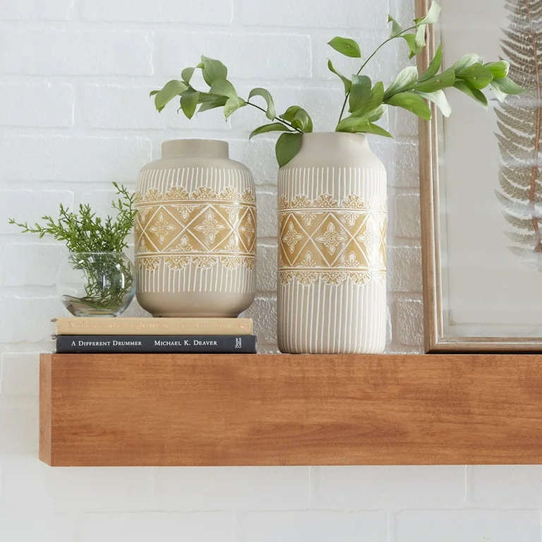 DecMode 9", 11"H Floral Handmade Beige Ceramic Vase with Diamond Pattern, Set of 2 | Walmart (US)