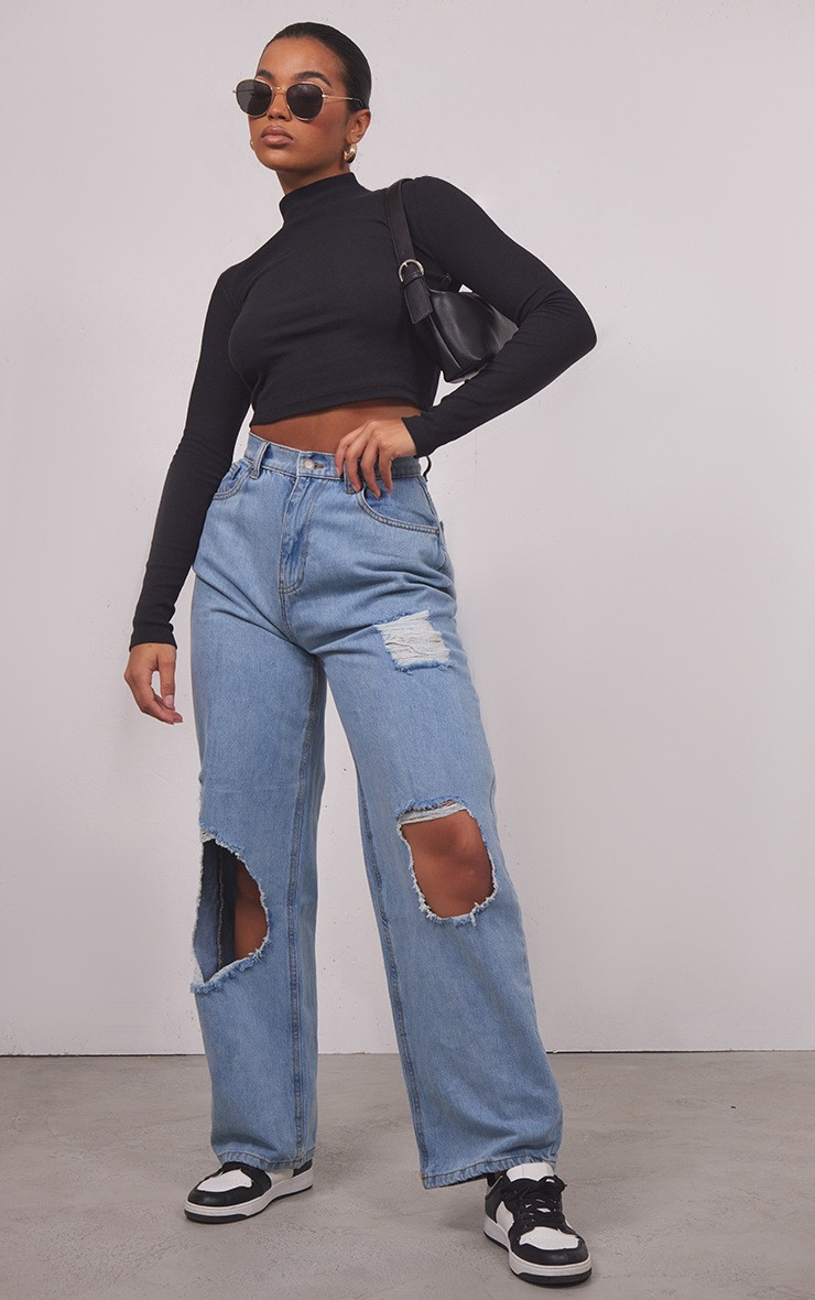 Basic Black Rib High Neck Long Sleeve Crop Top | PrettyLittleThing UK