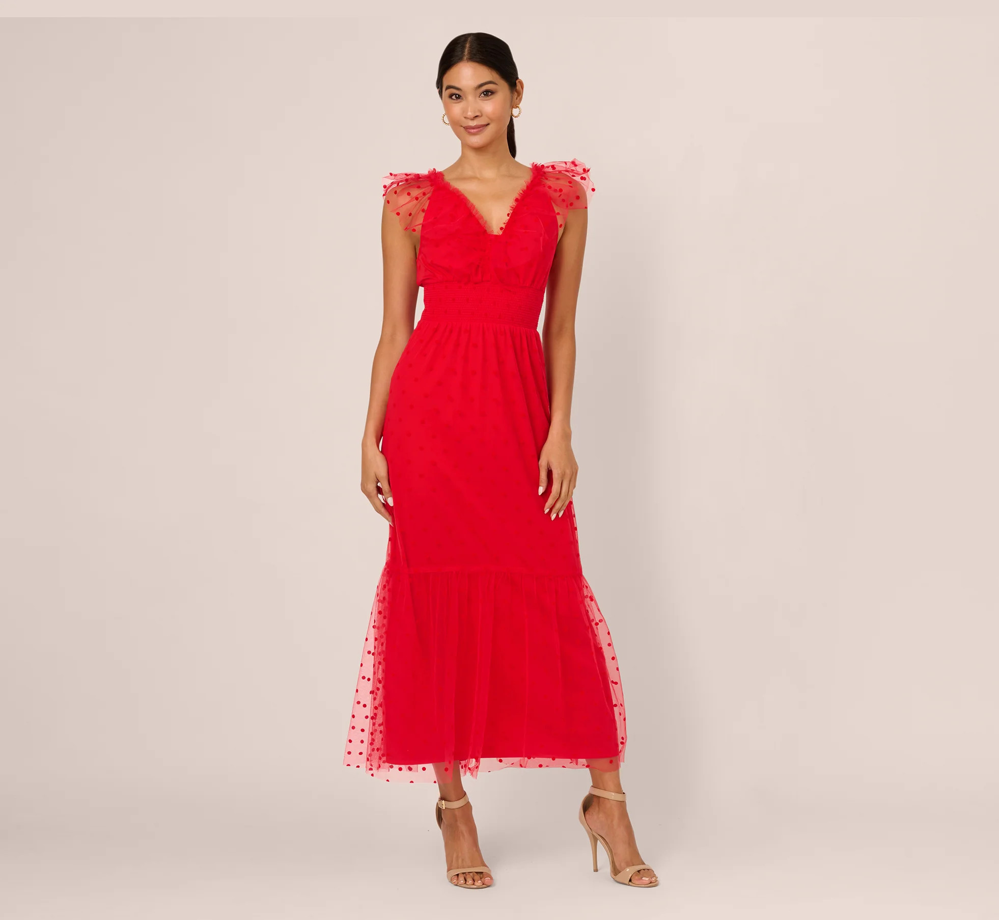 Dot Tulle Ruffle Dress In Red | Adrianna Papell