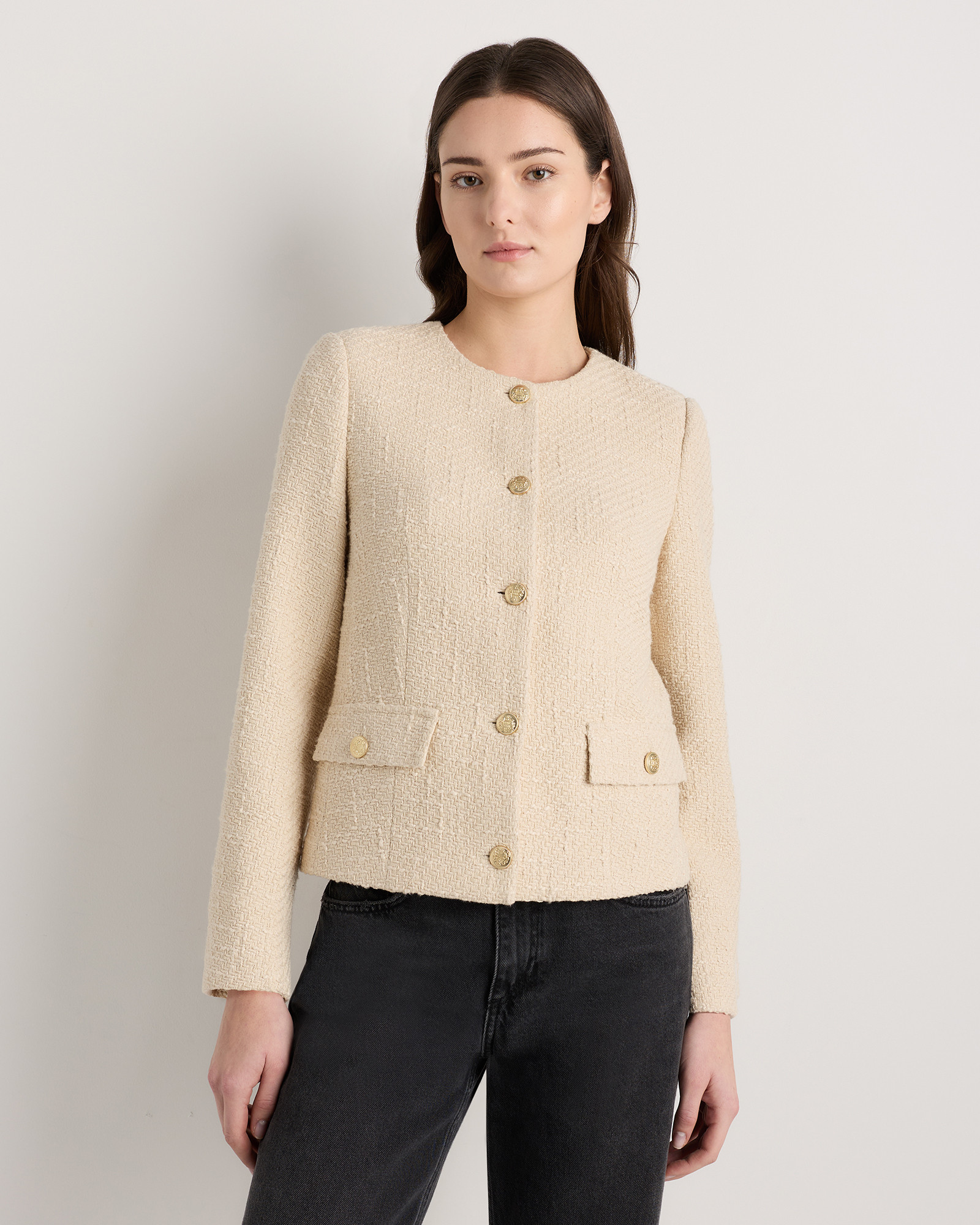 Quince | Women's Tweed Collarless Jacket in Ivory Coast, Size XL, Organic Cotton | Quince