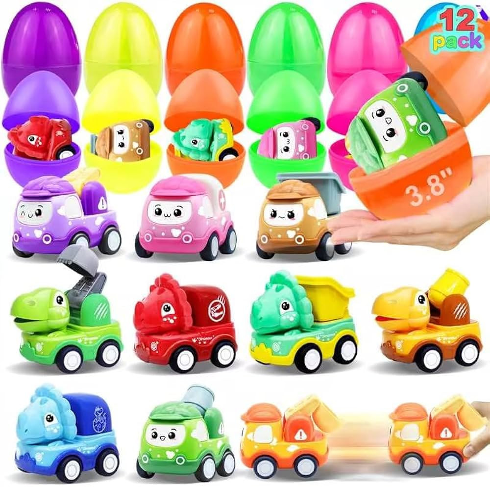 12 Pack 3.8" Jumbo Easter Eggs Prefilled with Pull Back Cars, Large Easter Eggs Filled Dinosaur C... | Amazon (US)