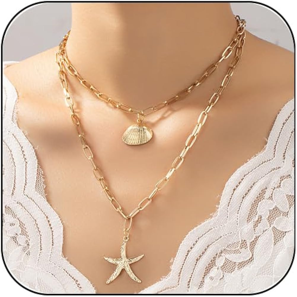 Starfish Necklace Gold Starfish Charm Necklaces Boho Layered Conch Turtles Sea Shell Necklaces Su... | Amazon (US)