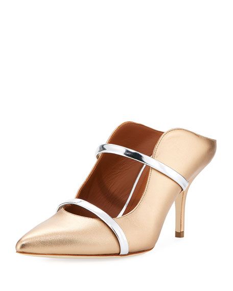 Malone Souliers Maureen 75mm Metallic Leather Two-Strap Mules | Neiman Marcus