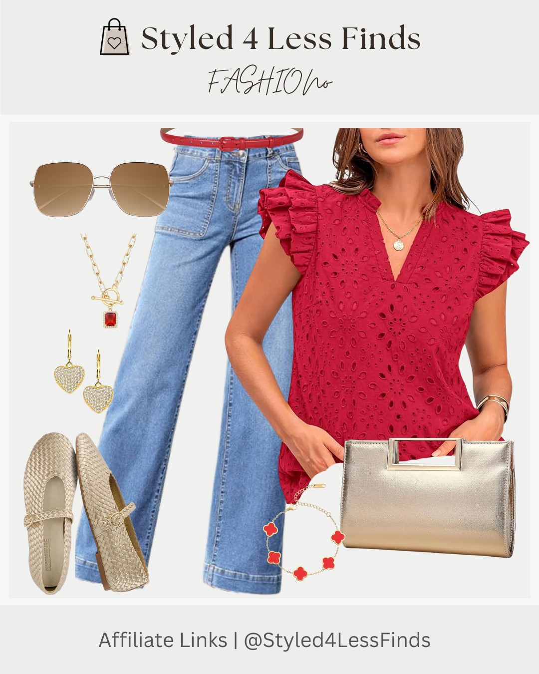 Valentine’s Day outfit inspo ❤️

Romantic but wearable—this cherry-red eyelet top paired with classic denim is the perfect Valentine’s Day look you can dress up or down. Finished with gold accessories, a metallic clutch, and neutral flats for an effortless, polished vibe.

Style Tip: When wearing a bold color like red, balance it with timeless neutrals (denim, gold, nude tones). It keeps the outfit feeling elevated and not overly themed—perfect for date night or daytime plans. 

 #LTKcanada #LTKjeans #LTKover50style