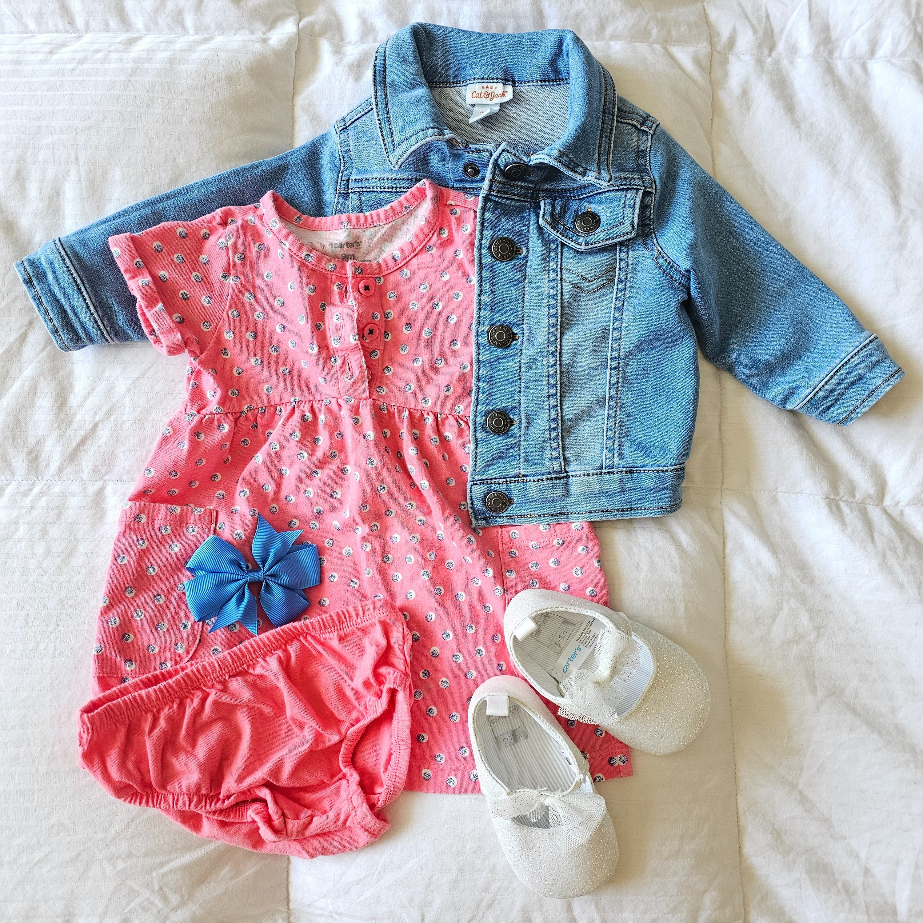 Baby cat & jack jean jacket, carters polka dot dress with bloomers, glitter mesh ribbon ballet shoes, blue ribbon bow clip

#LTKgrwm #LTKBaby #LTKootd
