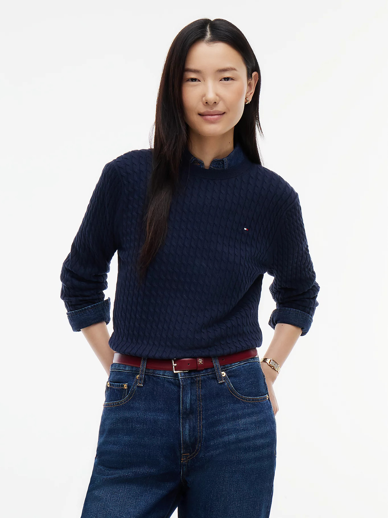 Fine Cable Knit Crew Neck Jumper | Blue | Tommy Hilfiger | Tommy Hilfiger UK