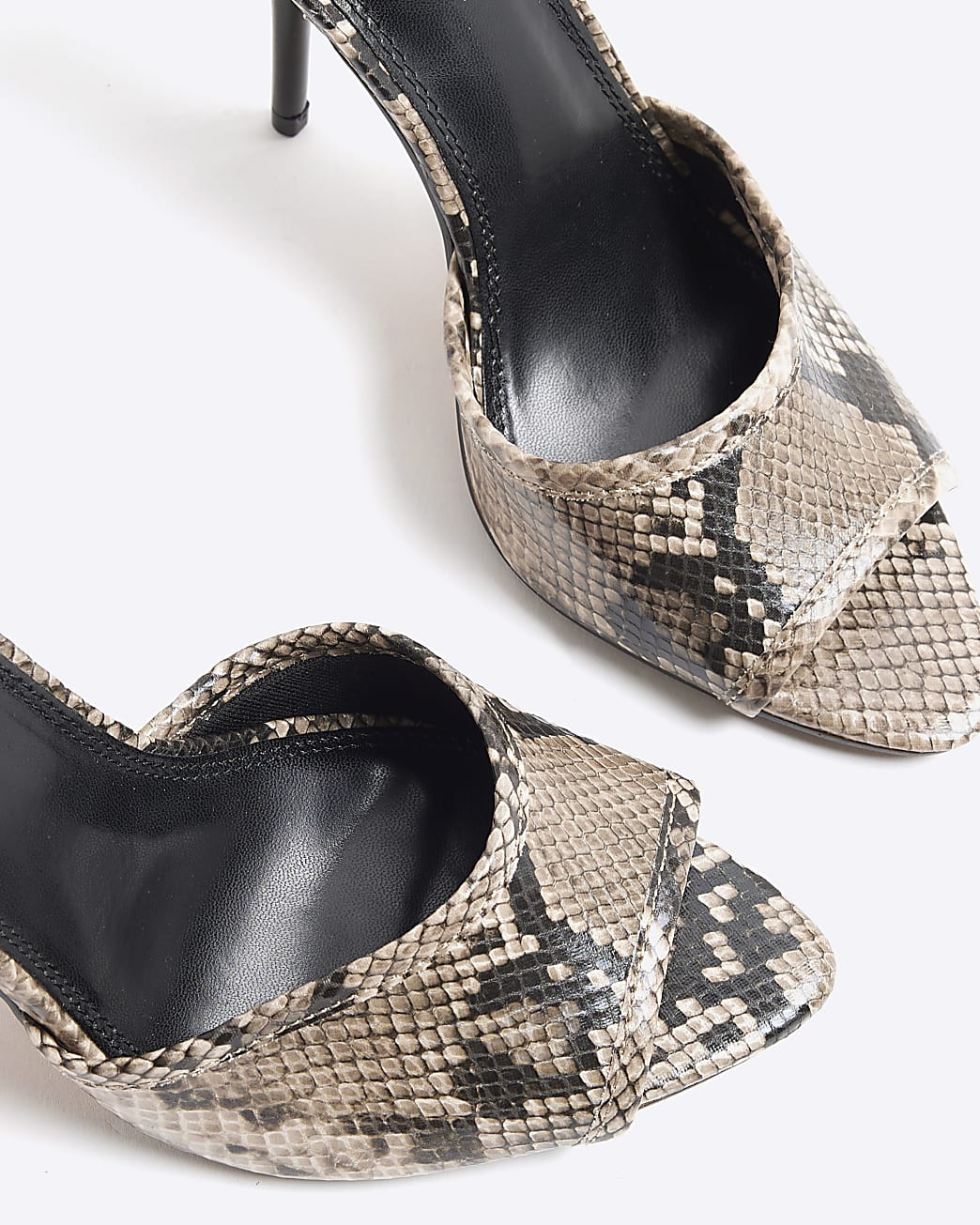 Brown Faux Leather Snake Heeled Mule Shoes | River Island UK & IE