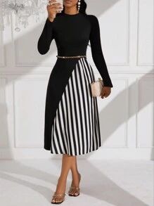 SHEIN Lady Color Block Striped Long Sleeve Dress | SHEIN