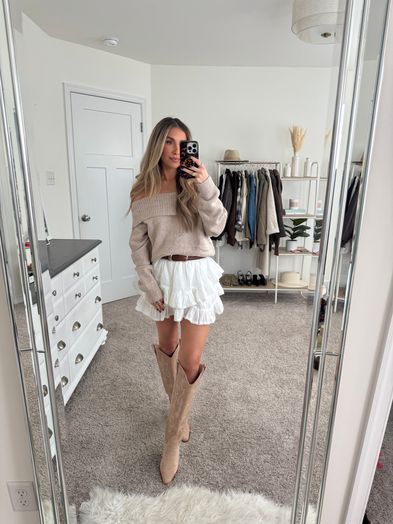 Thanksgiving outfit idea — almost all amazon too! This off the shoulder sweater is gorgeous and so soft! Size xs 
+ sweater: xs 
+ belt: xs/small
+ white ruffle skort: xs
+ cowboy boots: true to size 

Fall outfits
Amazon fashion 
Amazon outfit
Thanksgiving outfit 
Family photo outfits 

#LTKFindsUnder50 #LTKSeasonal #LTKFindsUnder100