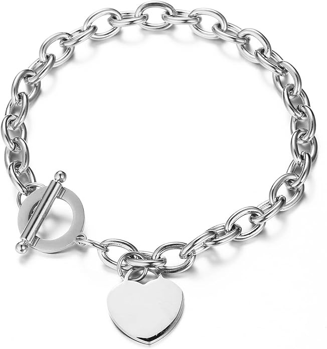 WangGao Elegent Love Stainless Steel Link Chain Blank Heart Charms Bracelet for Women Toggle Clas... | Amazon (US)