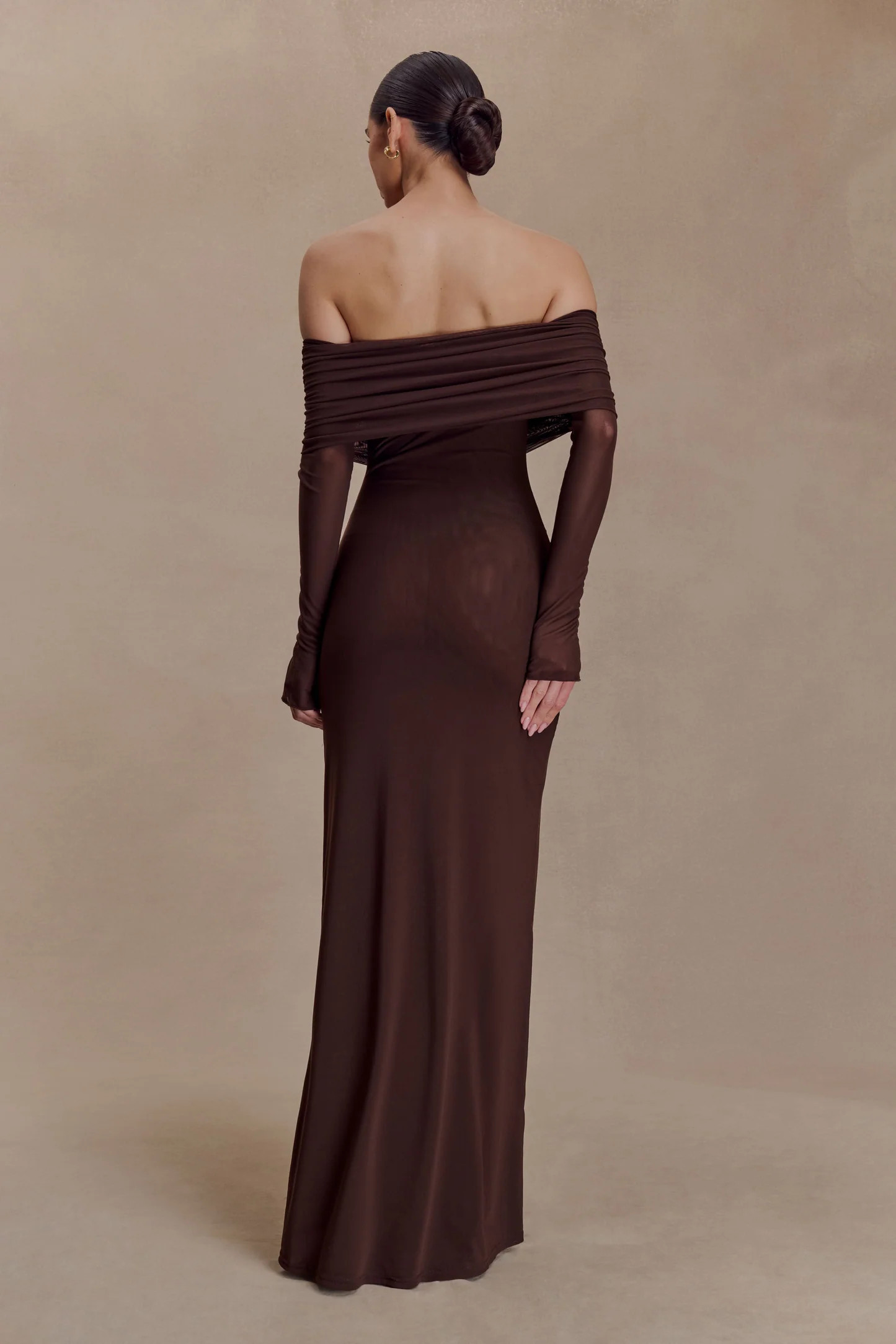Off Shoulder Mesh Maxi Dress - Dark Brown | MESHKI US