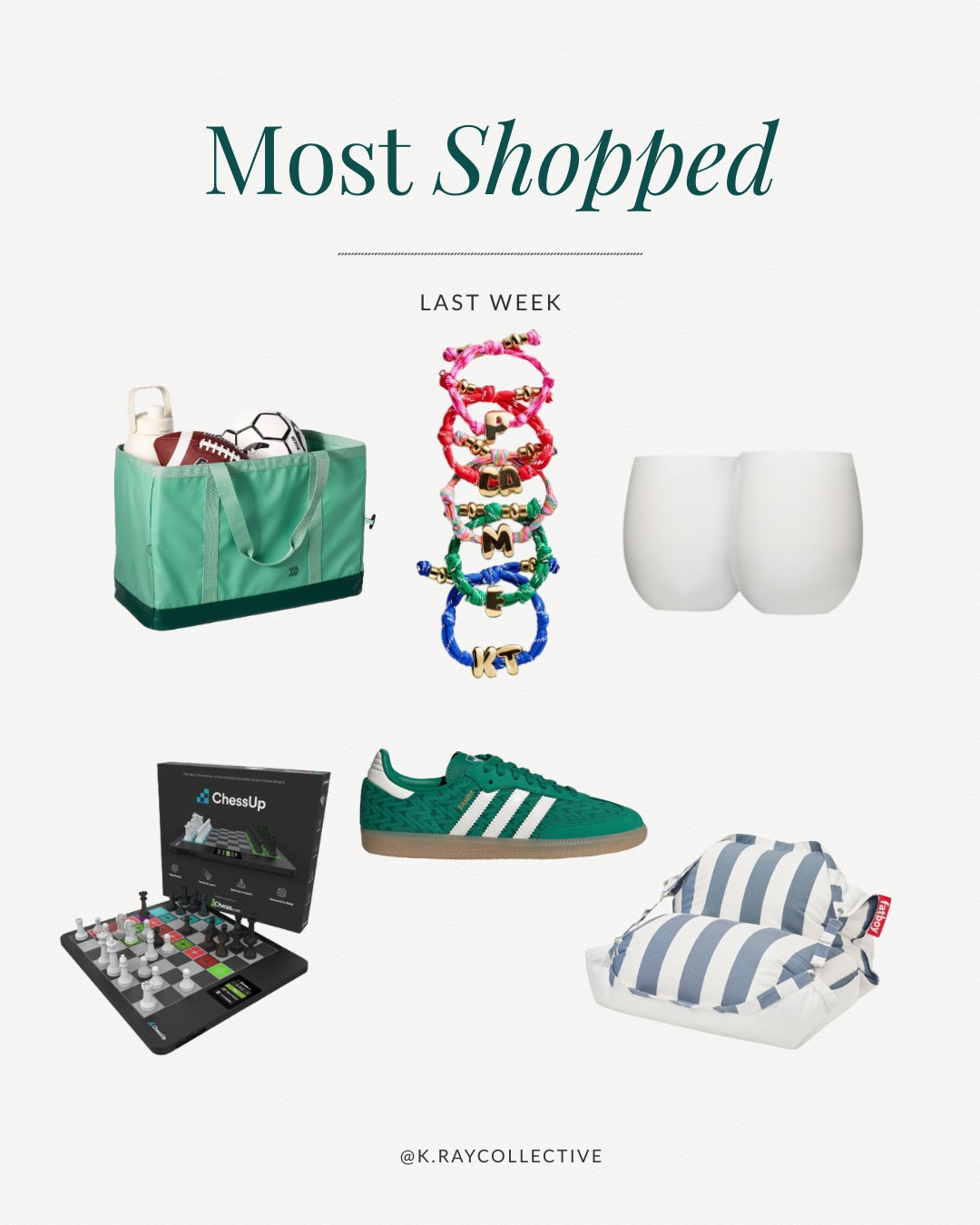 The most shopped styles last week!  A great gear bag for summer, the chess board that teaches you to play, my favorite insulated wine glasses, the floating bean bag, awesome sneakers, and initial bracelets.

#LTKmomlife