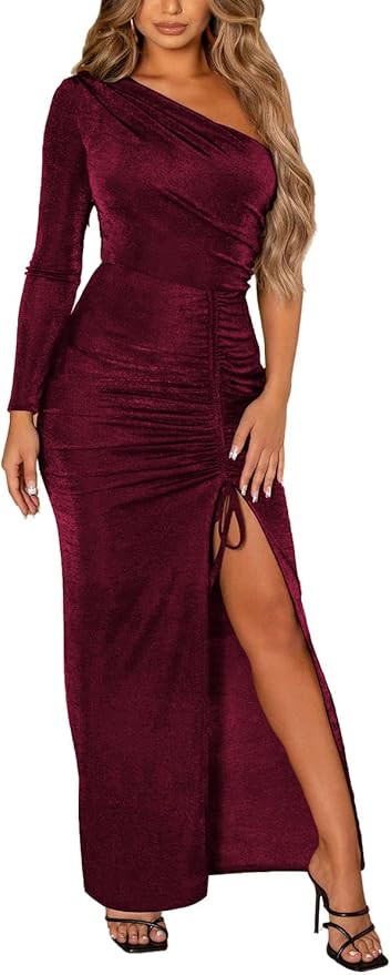 PRETTYGARDEN Women's Sexy One Shoulder Long Sleeve Velvet Dress Ruched Bodycon Drawstring Split M... | Amazon (US)