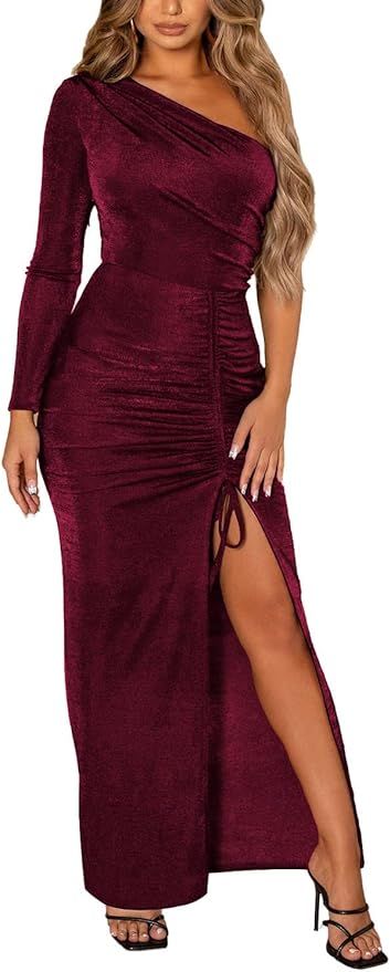 PRETTYGARDEN Women's Sexy One Shoulder Long Sleeve Velvet Dress Ruched Bodycon Drawstring Split M... | Amazon (US)