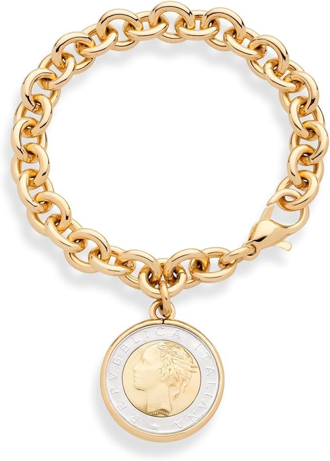 Miabella 18K Gold over Bronze Italian Genuine 500-Lira Coin Charm Rolo Link Chain Bracelet for Wo... | Amazon (US)