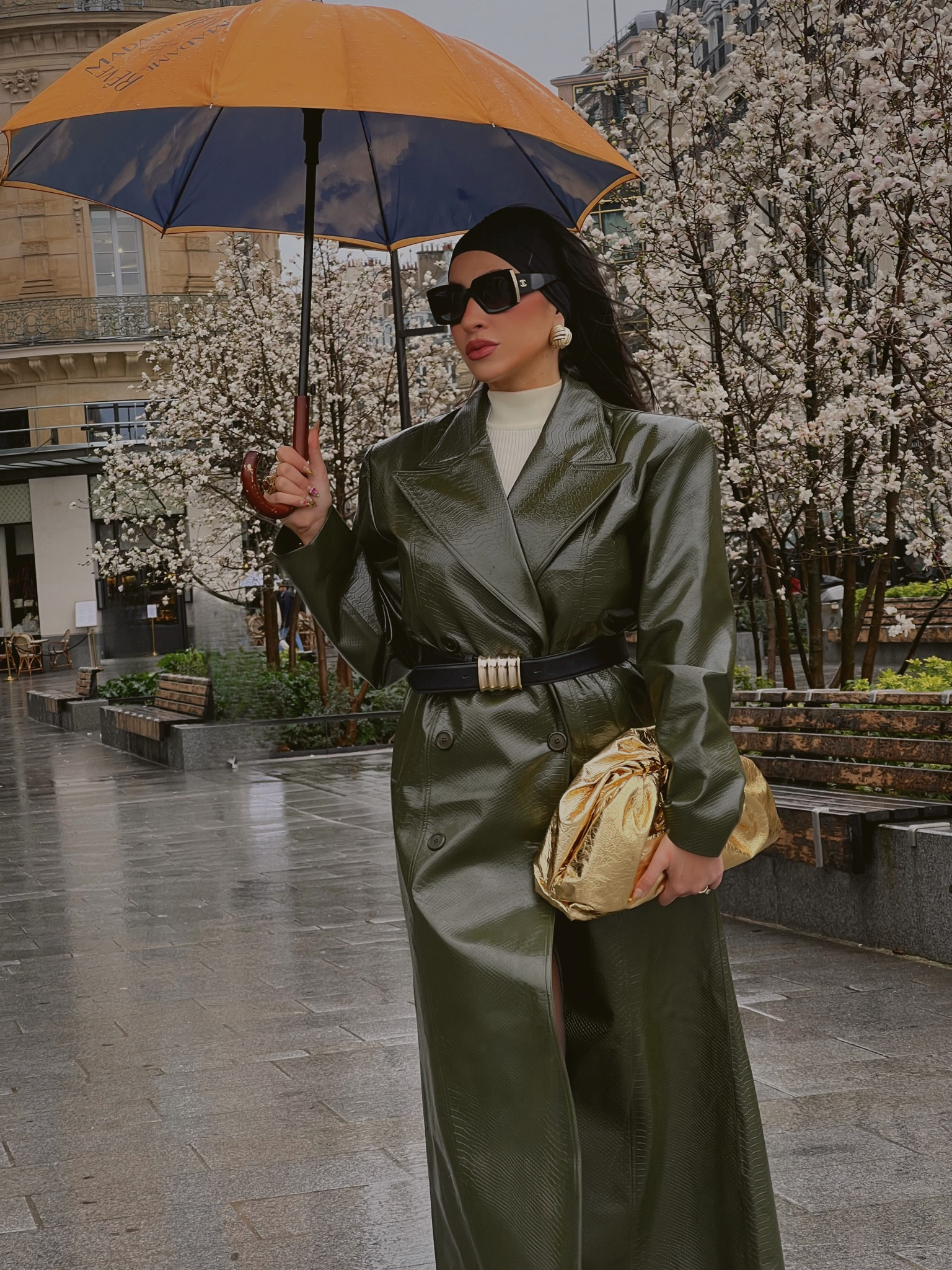 Chic Parisian inspired outfit, olive green trench coat, black and gold belt, black sheer tights, black chanel sunglasses, black sling-backs #LTKSpringSale 

#LTKitbag #LTKstyletip