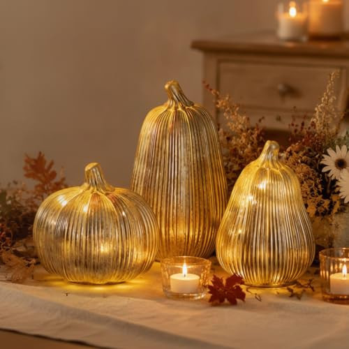 Glasseam 3Pcs Gold Glass Pumpkins Lights with Timer Halloween Pumpkin Decor | Amazon (US)
