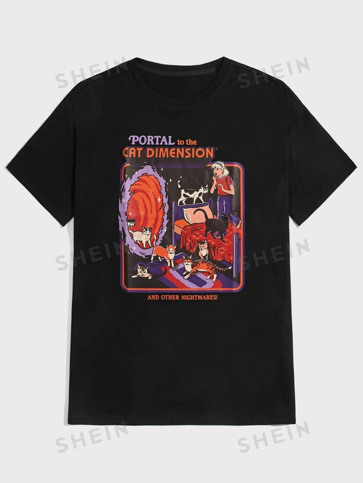 Stevenrhodes Men Cotton Letter Cartoon Graphic Tee, School | SHEIN