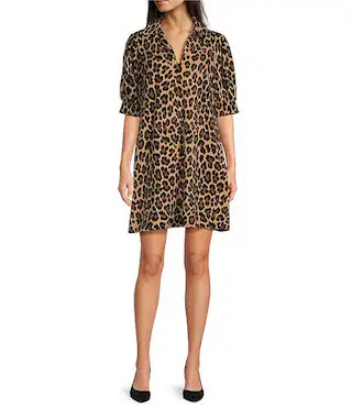 Jude Connally Emerson Large Leopard Print Jude Cloth Knit Point Collar Puffed Sleeve Shift Dress ... | Dillard's