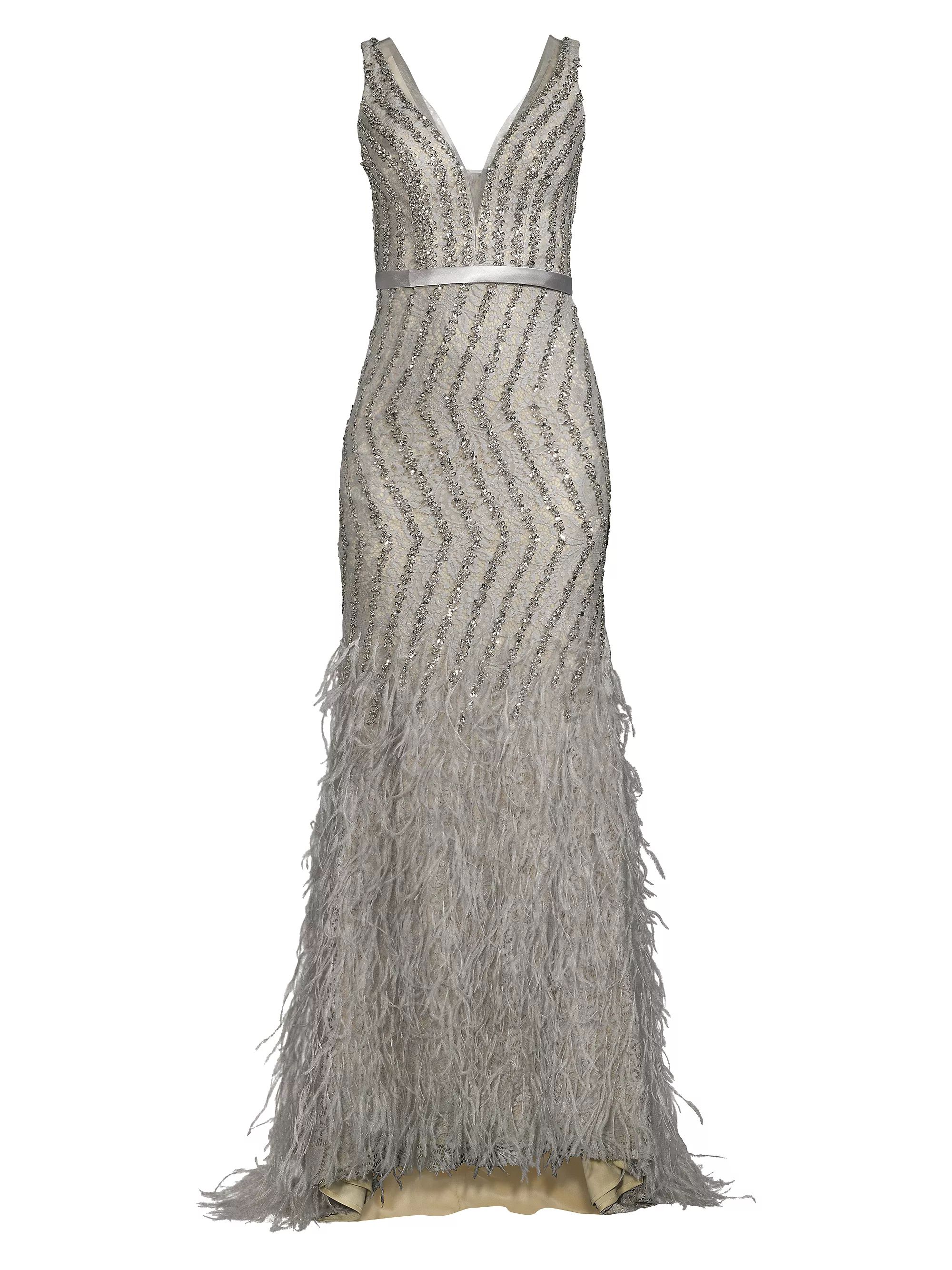 Feather Embellished Plunge V-Neck Gown | Saks Fifth Avenue
