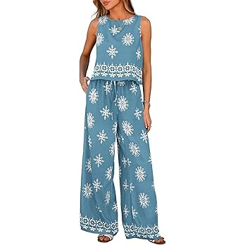 PRETTYGARDEN Women's 2026 Summer 2 Piece Lounge Sets Boho Floral Tank Tops Flowy Wide Peg Pants T... | Amazon (US)