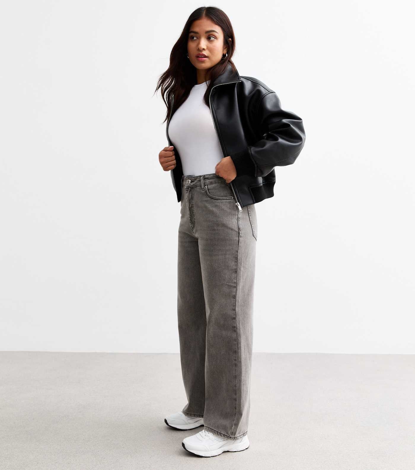 Petite Dark Grey High Waist Adalade Wide Leg Jeans  | New Look | New Look (UK)