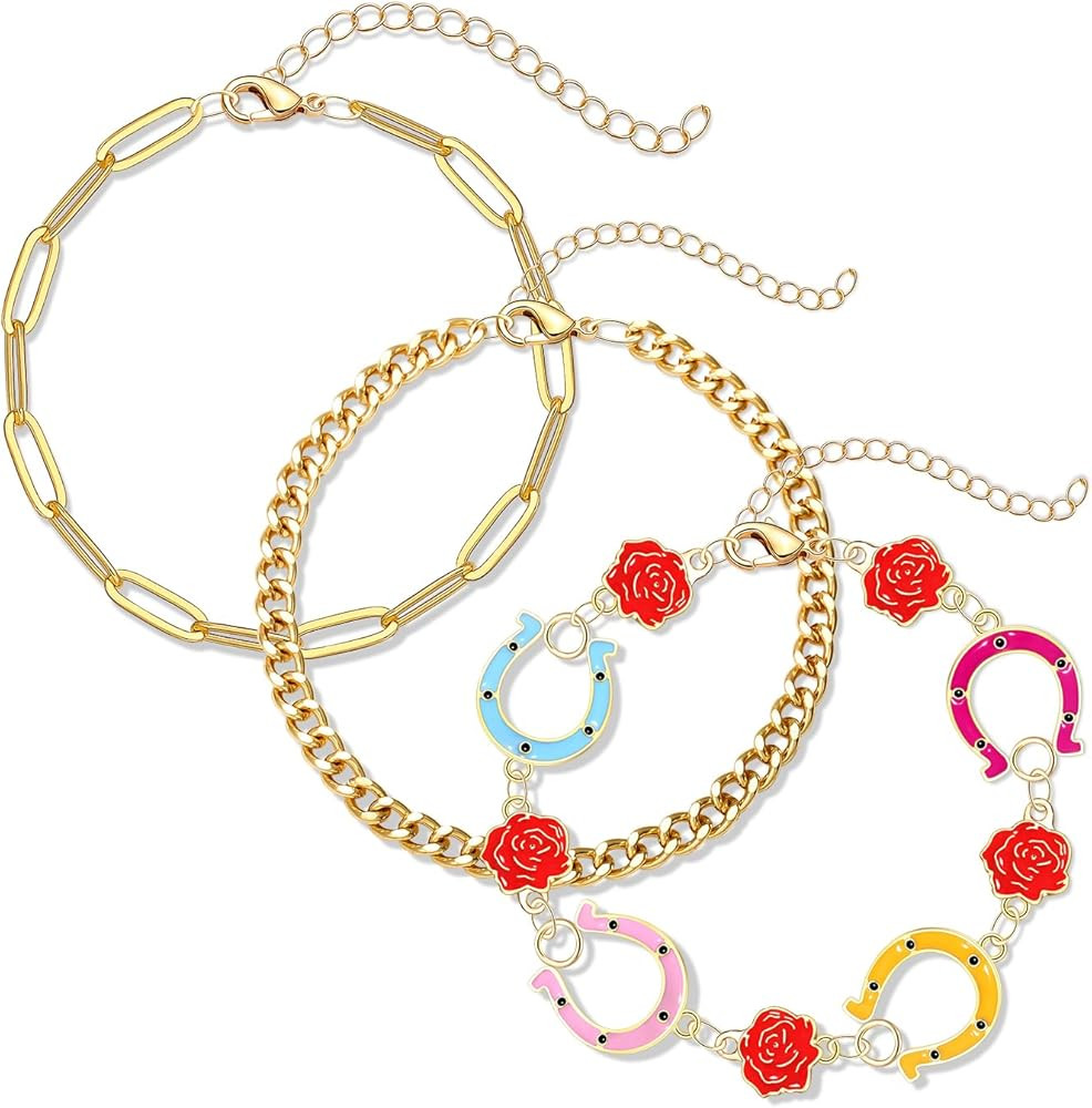 NLCAC 3PCS Derby Bracelets Kentucky Derby Horse Rose Horseshoe Bracelet Gold Paperclip Chain Brac... | Amazon (US)