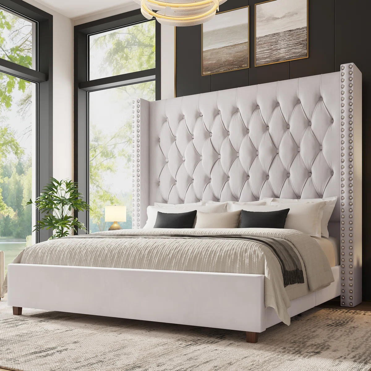 Duluth King Cream Diamond-Tufted Wingback Upholstered Platform Bed | Wayfair North America