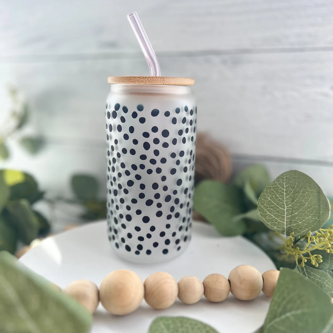 Polka Dot Frosted Glass Can Cute Coffee Cup Glass Can With Bamboo Lid Straw - Etsy | Etsy (US)