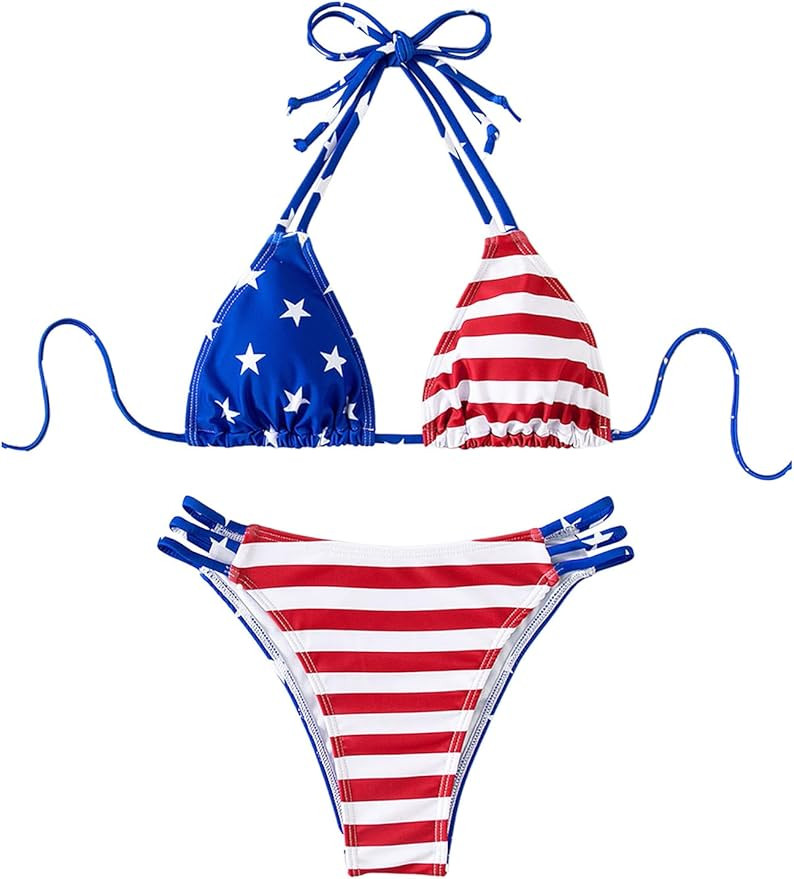 GORGLITTER Women's USA Flag Print Bikini Set High Cut Thong Triangle Halter Top Swimsuit Bathing ... | Amazon (US)