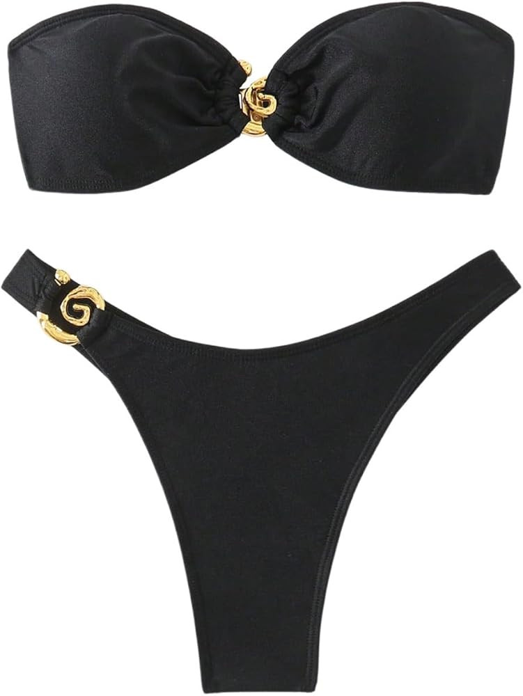 SweatyRocks Women's 2 Piece Swimsuits Ring Bandeau Bikini Set High Cut Strapless Bathing Suit | Amazon (US)