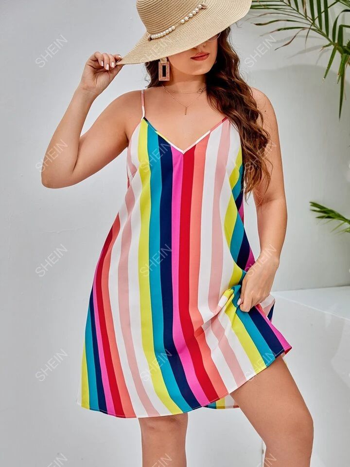 SHEIN VCAY Plus Colorful Striped Cami Dress | SHEIN