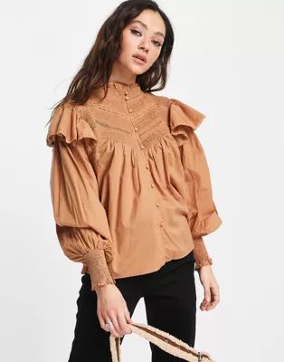 Topshop trim detail frill top with buttons in camel | ASOS (Global)