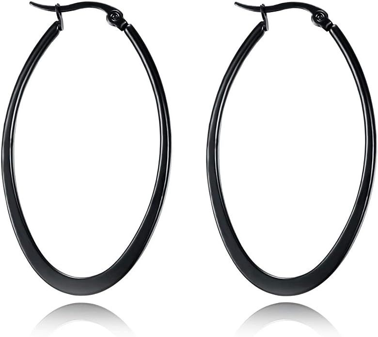 Stainless Steel Gold Thin and Flat Big Large Oval Spring loaded Hoop Earrings-black | Amazon (US)