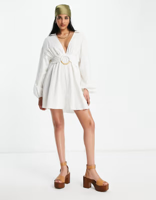 ASOS DESIGN plunge linen skater mini dress with ring detail in white | ASOS (Global)