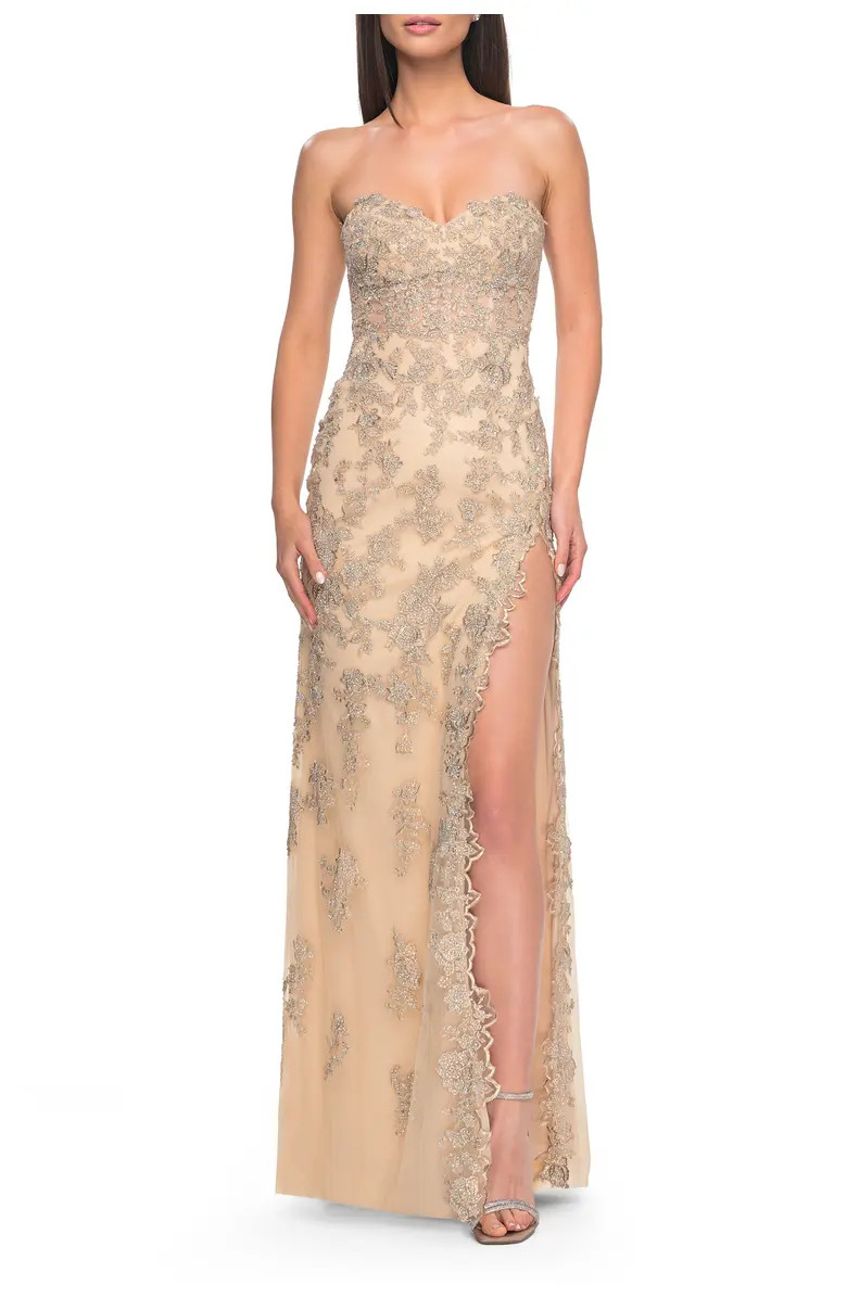 Embroidered Lace Fitted Prom Dress with Lace Edge Slit | Nordstrom