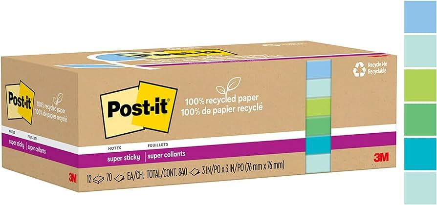 Post-it 100% Recycled Paper Super Sticky Notes, 2X The Sticking Power, 3x3 in, 12 Pads, 70 Sheets... | Amazon (US)