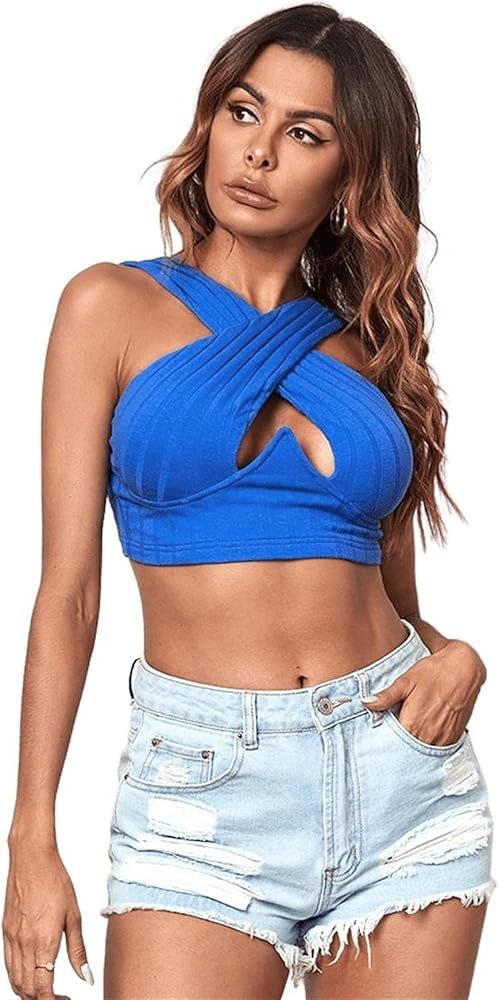 Verdusa Women's Crisscross Cut Out Front Sleeveless Rib Knit Tank Crop Top | Amazon (US)