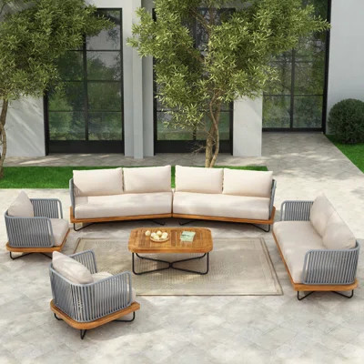 Reyansh Outdoor 6-Piece Acacia Wood Woven Rope Conversation Set With Cushions | Wayfair North America