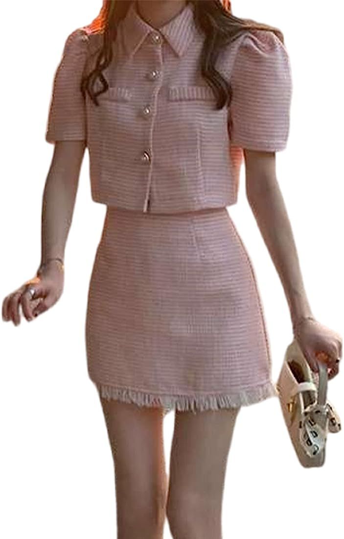 SaytoRose Womens 2 Piece Outfits Summer Plaid Tweed Dress Teen Girls Petite Pink Blazer Short Jac... | Amazon (US)