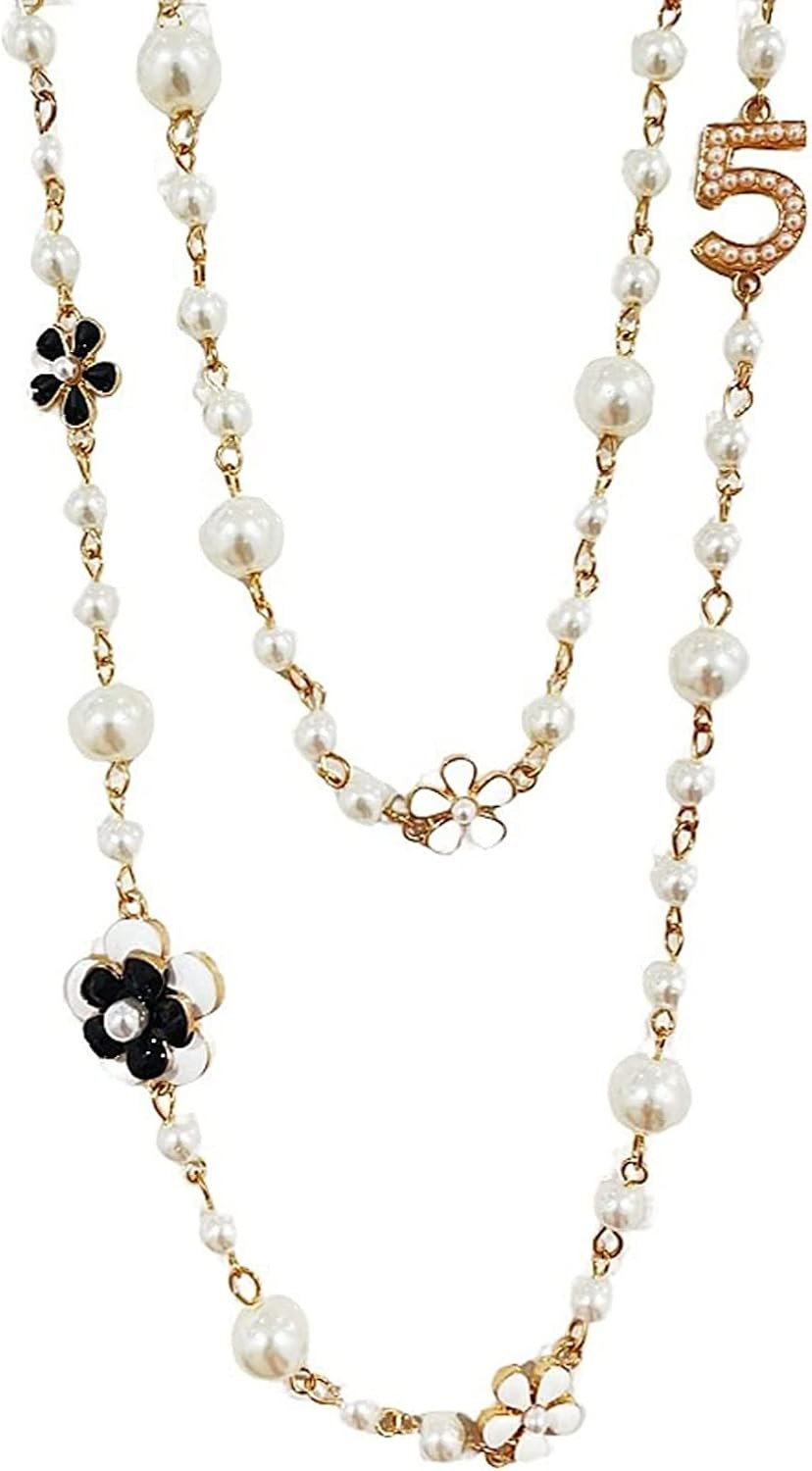Fashion Jewelry Designer Pearl Camellia Necklace for Women Number 5 Long Double Stranded Necklace Birthday or Holidays Gifts | Amazon (US)