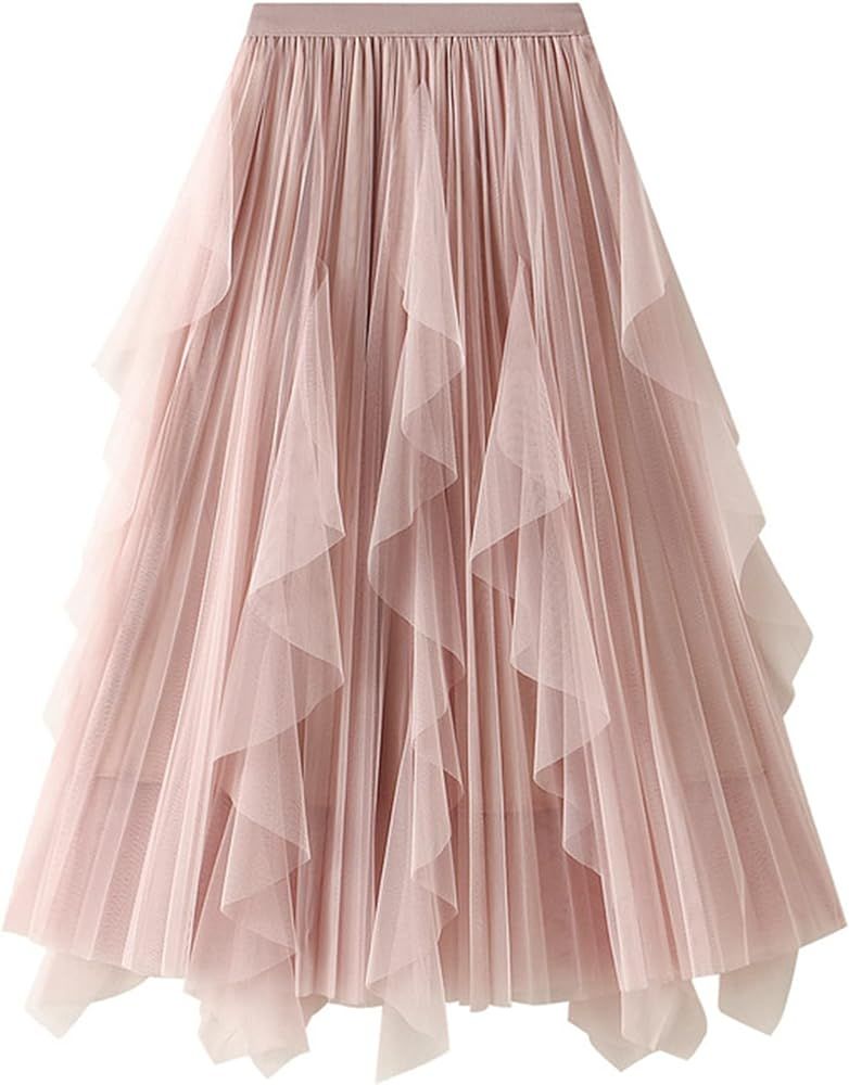 Dirholl Women's A-Line Fairy Elastic Waist Tulle Midi Skirt | Amazon (US)