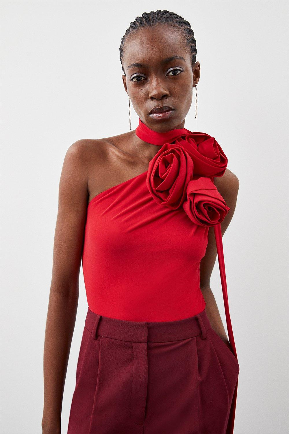 Rosette Neck Detailled Drapey Jersey Bodysuit | Karen Millen US