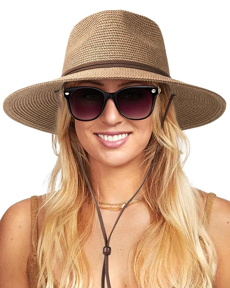 FURTALK Womens Sun Hat Summer Straw Beach Hats UPF 80+ Wide Brim Panama Fedora Hats with Wind Lan... | Amazon (US)