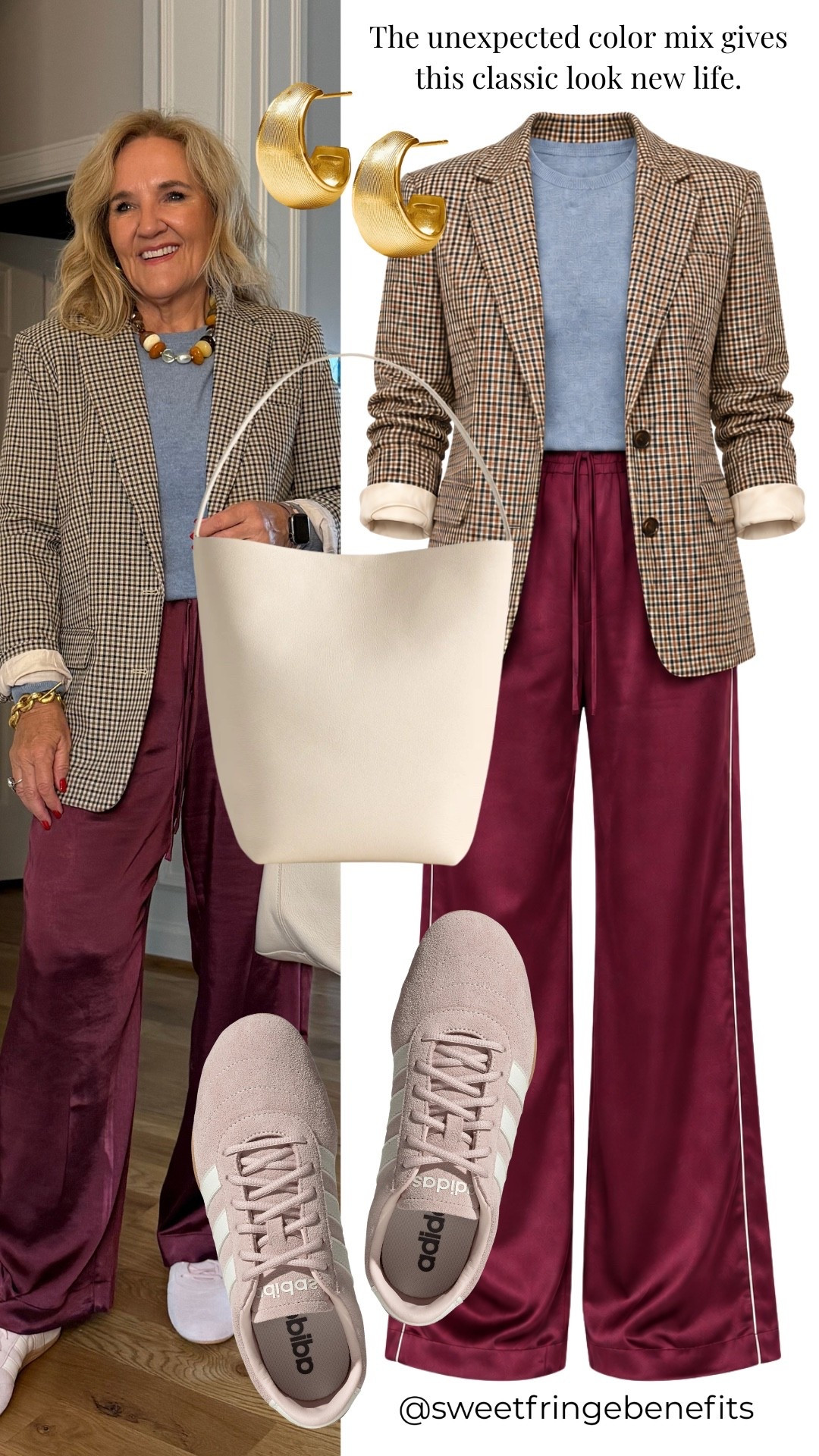 Who says satin pants have to be dressed up? I’m wearing a medium petite in the pants, a medium in the cashmere sweater, and an 8 petite in the plaid blazer. I think the sneakers make this combination even more fun!